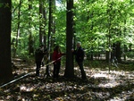 Carbon Stock Pilot Study; GEO 402/585 Field Methods; Dr. Joy Fritschle, instructor; Dr. Gerry Hertel hugs a tree.